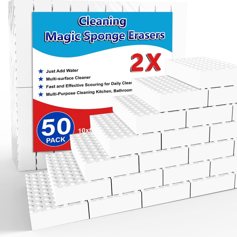 SmilinFit Magic Sponge Erasers, 50 Pack 2X Density Stronger Melamine Sponge Foam Pads, Multi-Functional Household Cleaning Supplies Cleaner for Kitchen, Bathroom, Bathtub, Sink, Wall Cleaner - Image 1