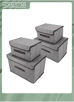 Pack Of 4 Foldable Storage Box With Lid, Linen Fabric Foldable Storage Bin with Flip-Top Lid & Handles, Clothes Blanket Box for Home, Office, Closet Gray