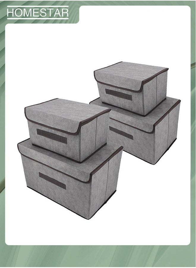 HOMESTAR - Pack Of 4 Foldable Storage Box With Lid, Linen Fabric Foldable Storage Bin with Flip-Top Lid & Handles, Clothes Blanket Box for Home, Office, Closet Gray - Image 1