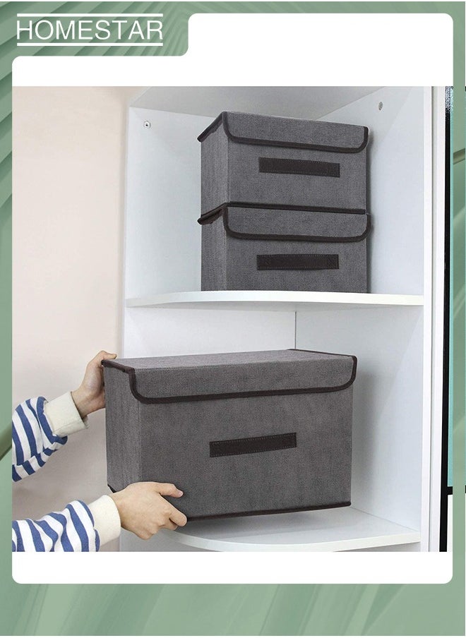 HOMESTAR - Pack Of 4 Foldable Storage Box With Lid, Linen Fabric Foldable Storage Bin with Flip-Top Lid & Handles, Clothes Blanket Box for Home, Office, Closet Gray - Image 1