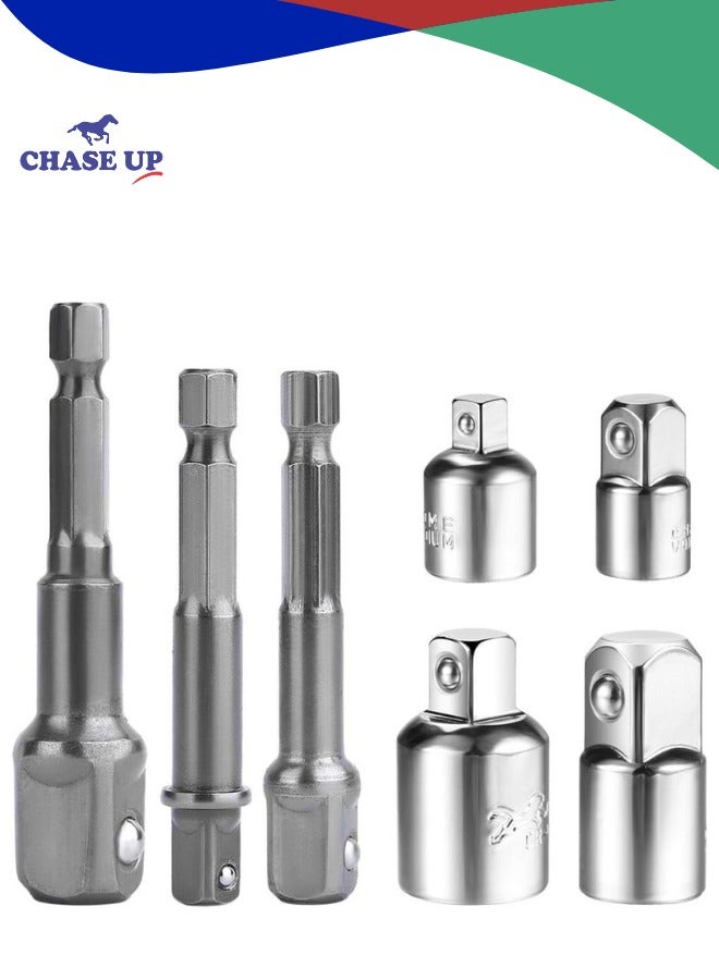 Chase Up Socket Adapter Converter Kit, 3Pcs 1/4 Hex Shank to 1/4" 3/8" 1/2" Impact Driver Drill Power Bits and 4Pcs 1/4 3/8 1/2 Drive Socket Adapter Converter Reducer Air Impact Craftsman Socket Wrench Adapter - Image 1