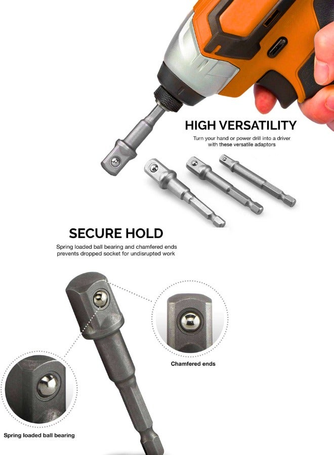 Chase Up Socket Adapter Converter Kit, 3Pcs 1/4 Hex Shank to 1/4" 3/8" 1/2" Impact Driver Drill Power Bits and 4Pcs 1/4 3/8 1/2 Drive Socket Adapter Converter Reducer Air Impact Craftsman Socket Wrench Adapter - Image 3