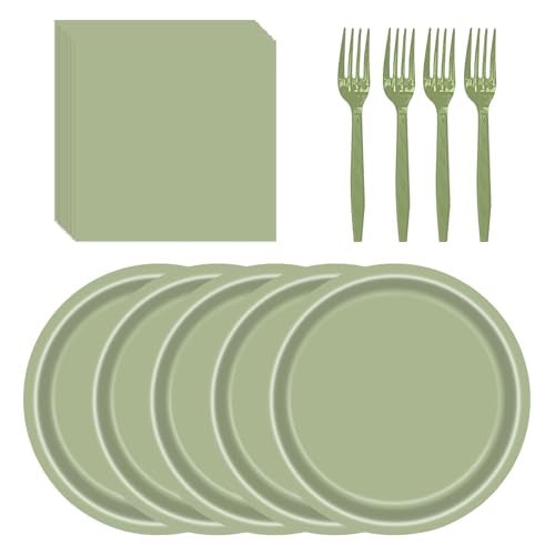 LYFREE 72 Pcs Sage Green Paper Plates 7in Disposable Dessert Plates Napkins and Forks Party Tableware Set Decoration Supplies for Birthday Baby Shower Wedding Holiday Graduation Bridal Shower Party Serve 24 - Image 2