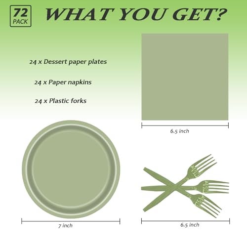 LYFREE 72 Pcs Sage Green Paper Plates 7in Disposable Dessert Plates Napkins and Forks Party Tableware Set Decoration Supplies for Birthday Baby Shower Wedding Holiday Graduation Bridal Shower Party Serve 24 - Image 5