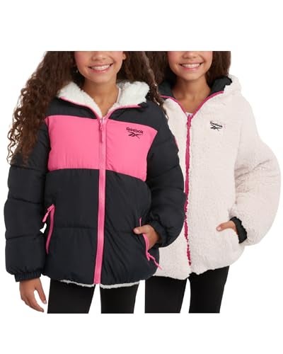 Reebok Girls' Winter Jacket – Reversible Quilted Puffer Coat with Sherpa Fleece Lining – Reversible Jacket for Girls (4-16), Size 7-8, Black - Image 1