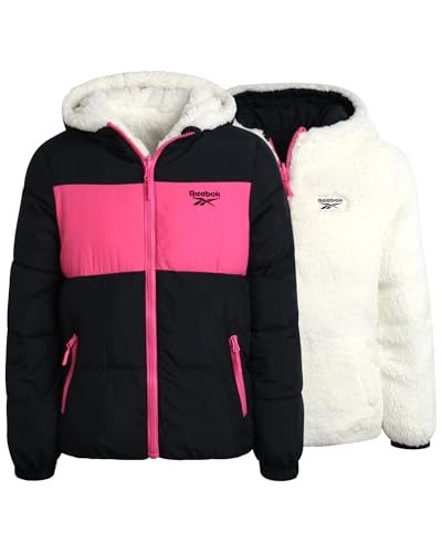 Reebok Girls' Winter Jacket – Reversible Quilted Puffer Coat with Sherpa Fleece Lining – Reversible Jacket for Girls (4-16), Size 7-8, Black - Image 2