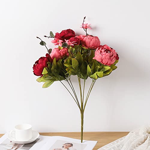 Duovlo Fake Flowers Vintage Artificial Peony Silk Flowers Wedding Home Decoration,Pack of 1 (New Red) - Image 3