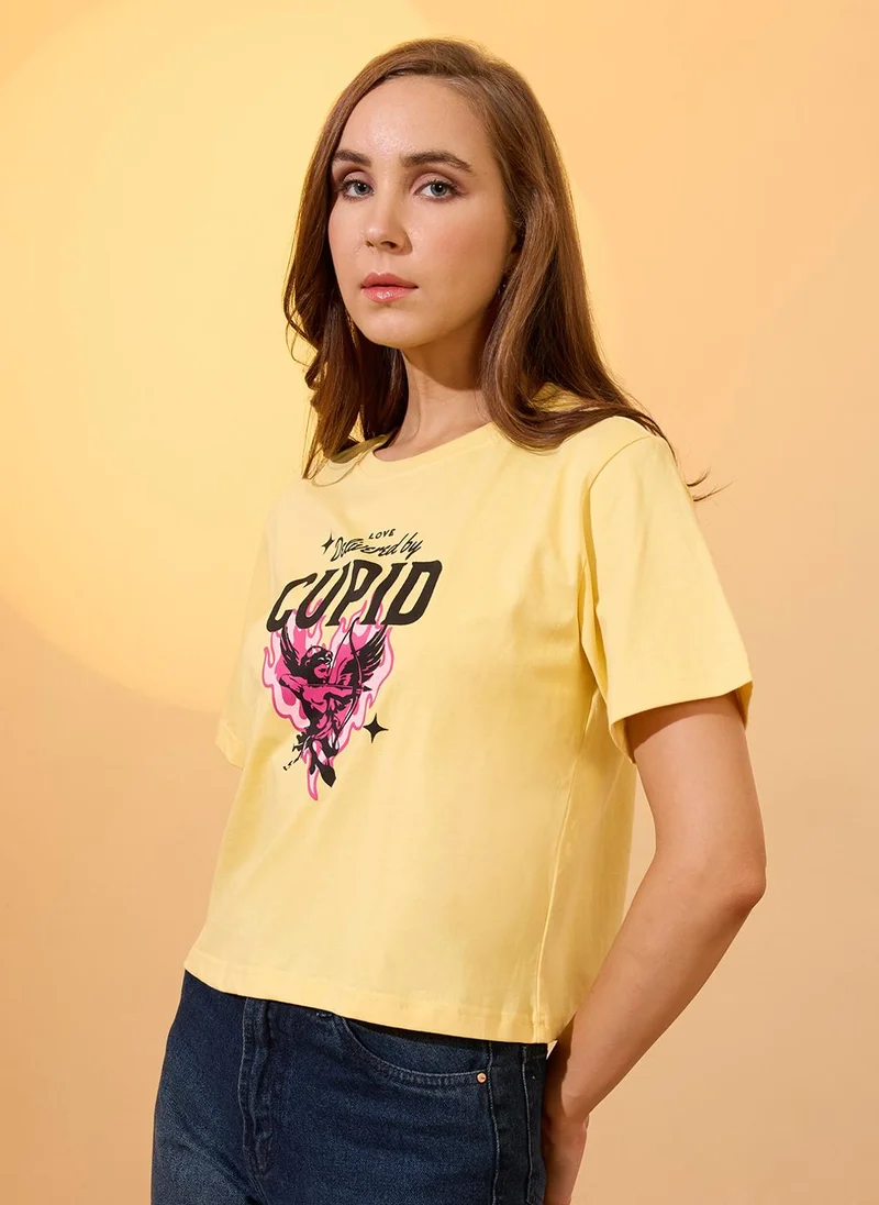globus Globus Women Yellow Round Neck Short Sleeves Graphic Print Oversized Crop T-Shirt