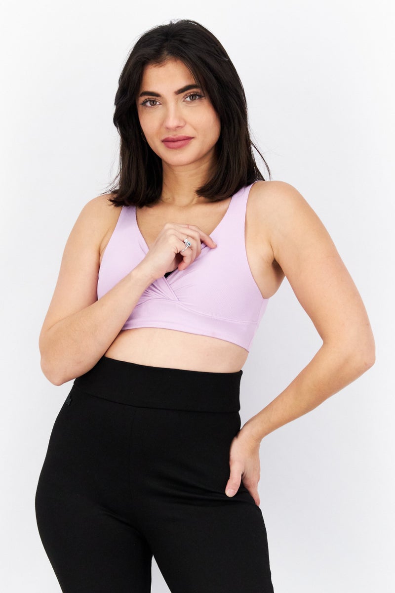 ESPRIT Women Surplice Neck Sleeveless Plain Crop Top, Lavender - Image 1