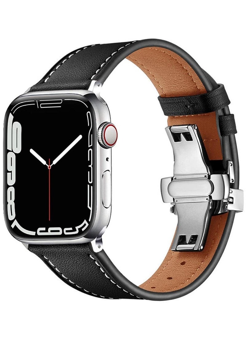 SYOSI - Leather Band for Apple Watch, Adjustable Butterfly Clasp, Vintage Leather Replacement Strap, Fits 42mm, 44mm, 45mm, 49mm, Compatible with Apple Watch Series 9/8/7/Ultra 2, Suitable for Women and Men - Image 1