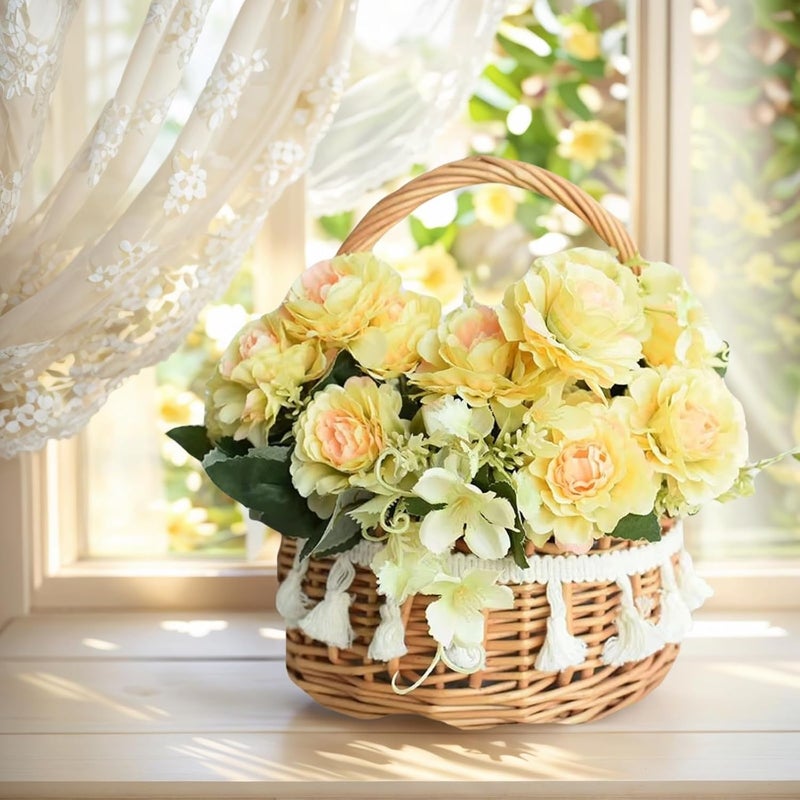 WRINGKIT 2 Pack Flower Girl Basket, Small Wicker Basket with Silk Petals, White Ribbon, Plastic Liner, Decorative Woven Willow Rattan Basket for Wedding, Gifts, Camping, Home Decor - Image 4