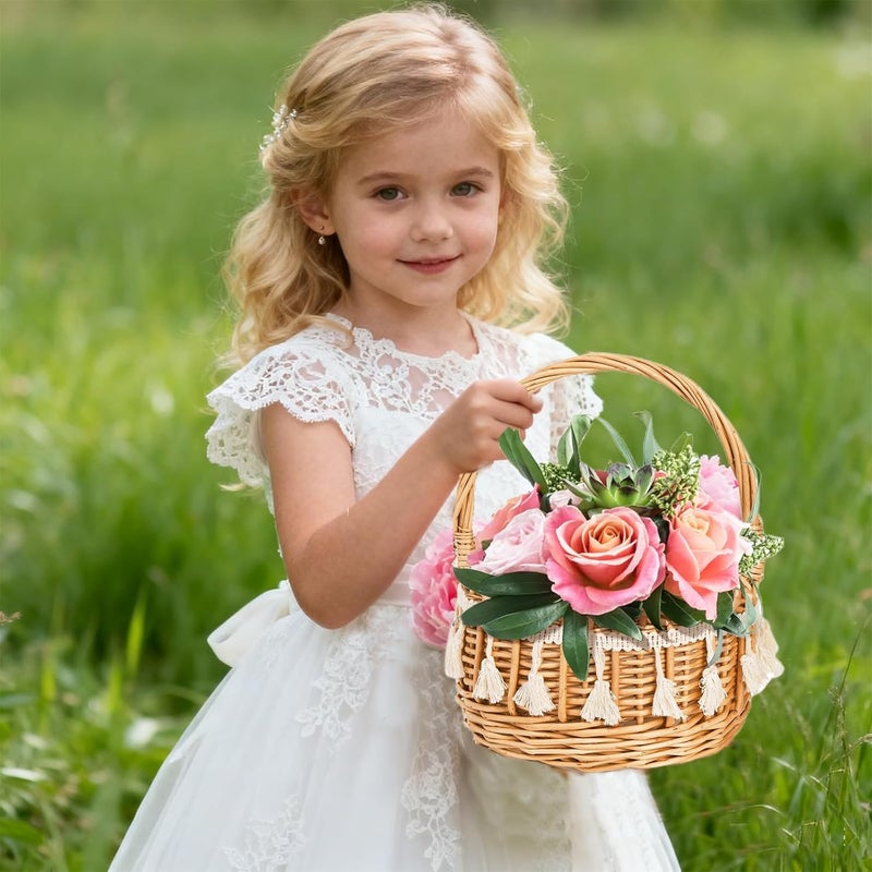 WRINGKIT 2 Pack Flower Girl Basket, Small Wicker Basket with Silk Petals, White Ribbon, Plastic Liner, Decorative Woven Willow Rattan Basket for Wedding, Gifts, Camping, Home Decor - Image 5