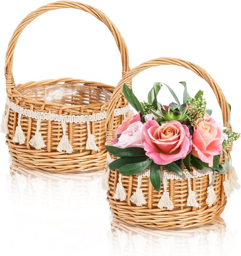 WRINGKIT 2 Pack Flower Girl Basket, Small Wicker Basket with Silk Petals, White Ribbon, Plastic Liner, Decorative Woven Willow Rattan Basket for Wedding, Gifts, Camping, Home Decor - Image 1