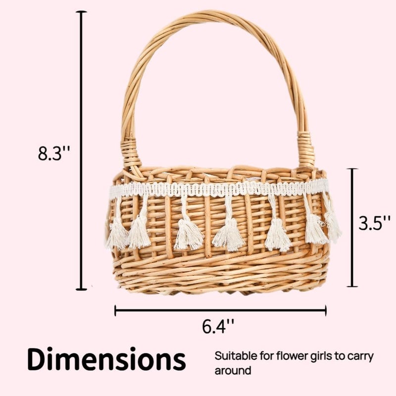 WRINGKIT 2 Pack Flower Girl Basket, Small Wicker Basket with Silk Petals, White Ribbon, Plastic Liner, Decorative Woven Willow Rattan Basket for Wedding, Gifts, Camping, Home Decor - Image 2