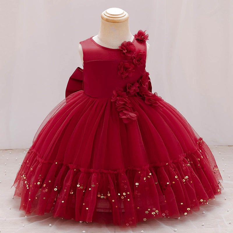 New Children Flower Stitching Princess Solid Color Performance Dress Birthday Dinner Big Bow dress Wholesale wine red