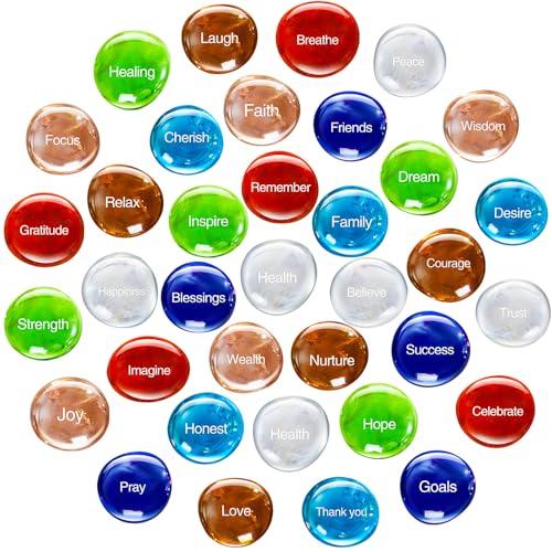 Fabbay 35 Pcs Inspiring Glass Stones Encouragement Engraved Stones Motivational Gift Translucent and Opaque Glass Rocks with Comfort Words for Christmas Anniversaries Religious Church Decorations - Image 1