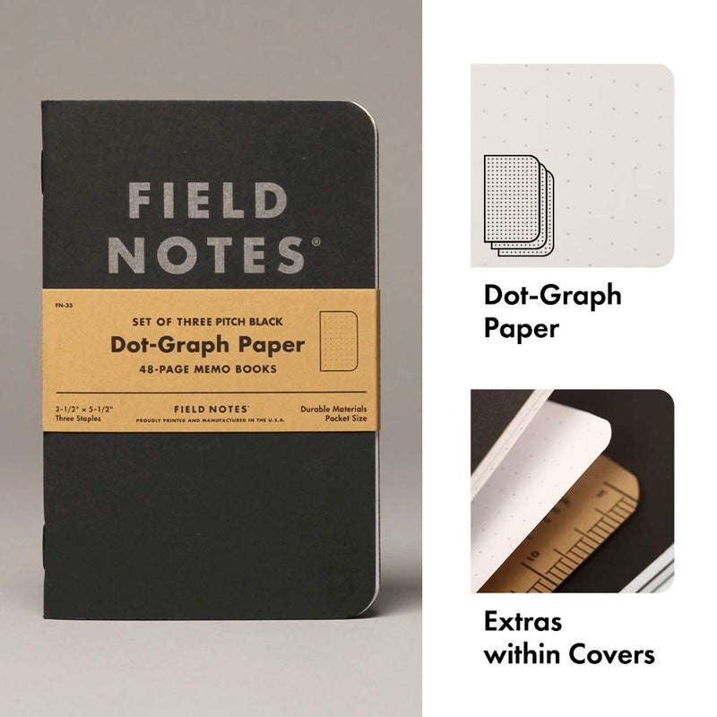 Field Notes 3-Pack Pitch Black Memo Books (3.5" X 5.5"), Dot-Graph, 48 Pages | Thin Pocket Sized EDC Notebook With 90 GSM Paper & Paperback Cover | Work Notebooks For Note Taking | Made in the USA - Image 2