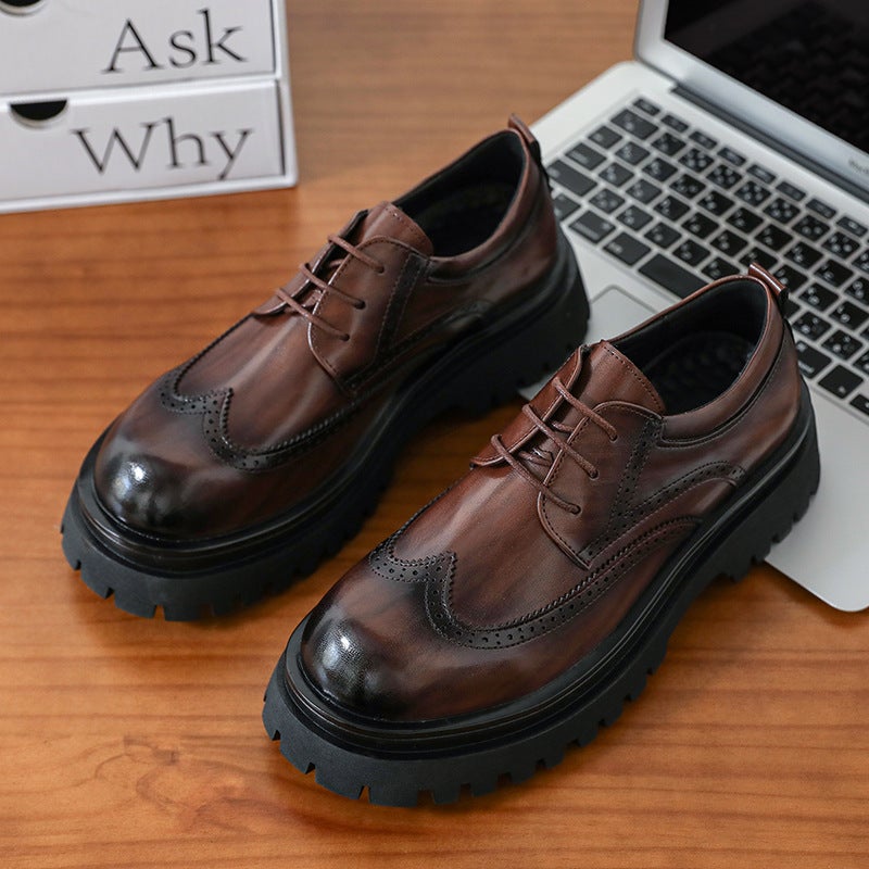Large Size Men'S Thick-Soled Comfortable British Style Black Derby Business Formal Brogue Round Toe Shoes - Image 2