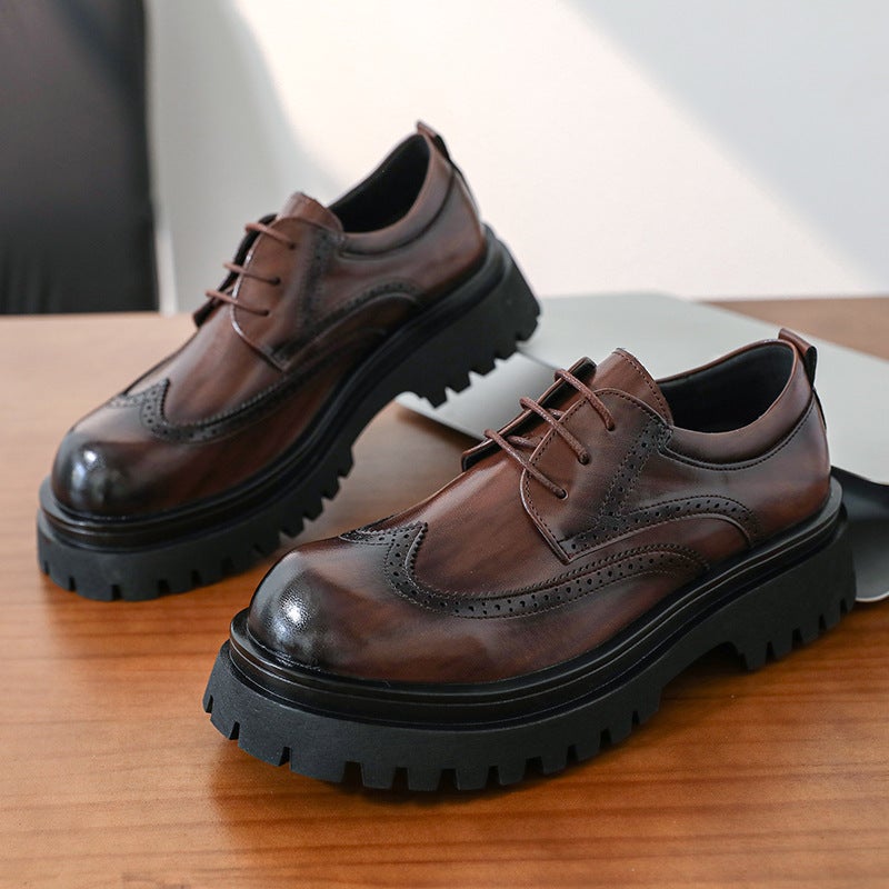 Large Size Men'S Thick-Soled Comfortable British Style Black Derby Business Formal Brogue Round Toe Shoes - Image 3