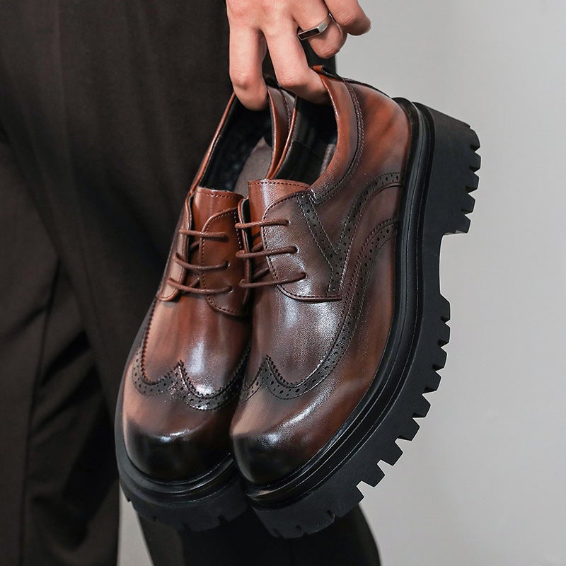 Large Size Men'S Thick-Soled Comfortable British Style Black Derby Business Formal Brogue Round Toe Shoes - Image 4