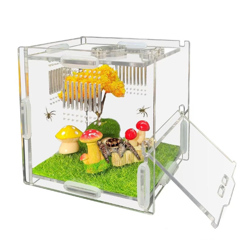 Julang Jumping Spider Enclosure 4 X 4 X 4 Acrylic Spider Habitat Front Opening Small Reptile Terrarium with Matrix Ventilation Holes Feeding Holes for Jumping Spider Snail Insect - Image 2