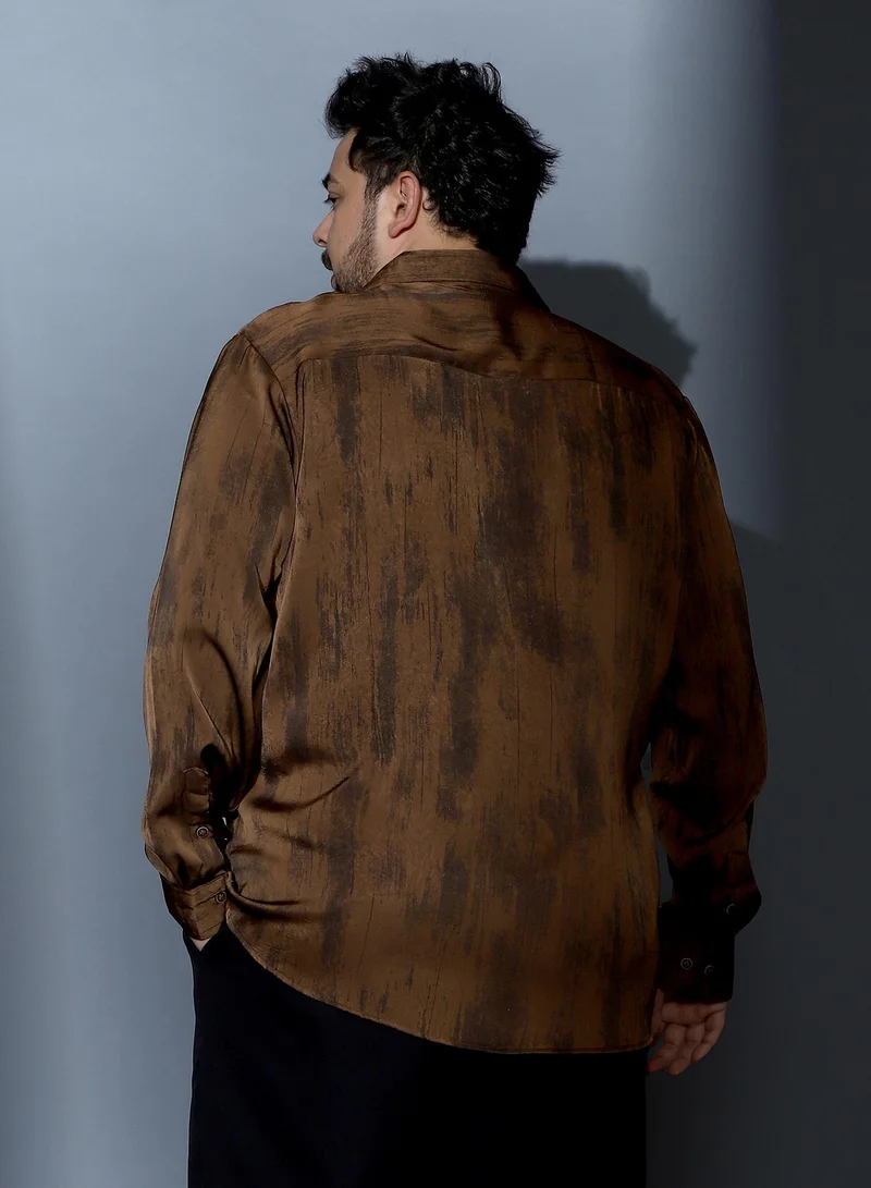 Instafab Plus  Instafab Plus Men Gleaming-Grazed Satin Shirt | Spread Collar , Long Cuffed Sleeves | Button Closure , Curved Hem | Abstract Print Plain | Woven Fabric For Party & Evening Wear | Chocolate Brown for Men | Best Price UAE