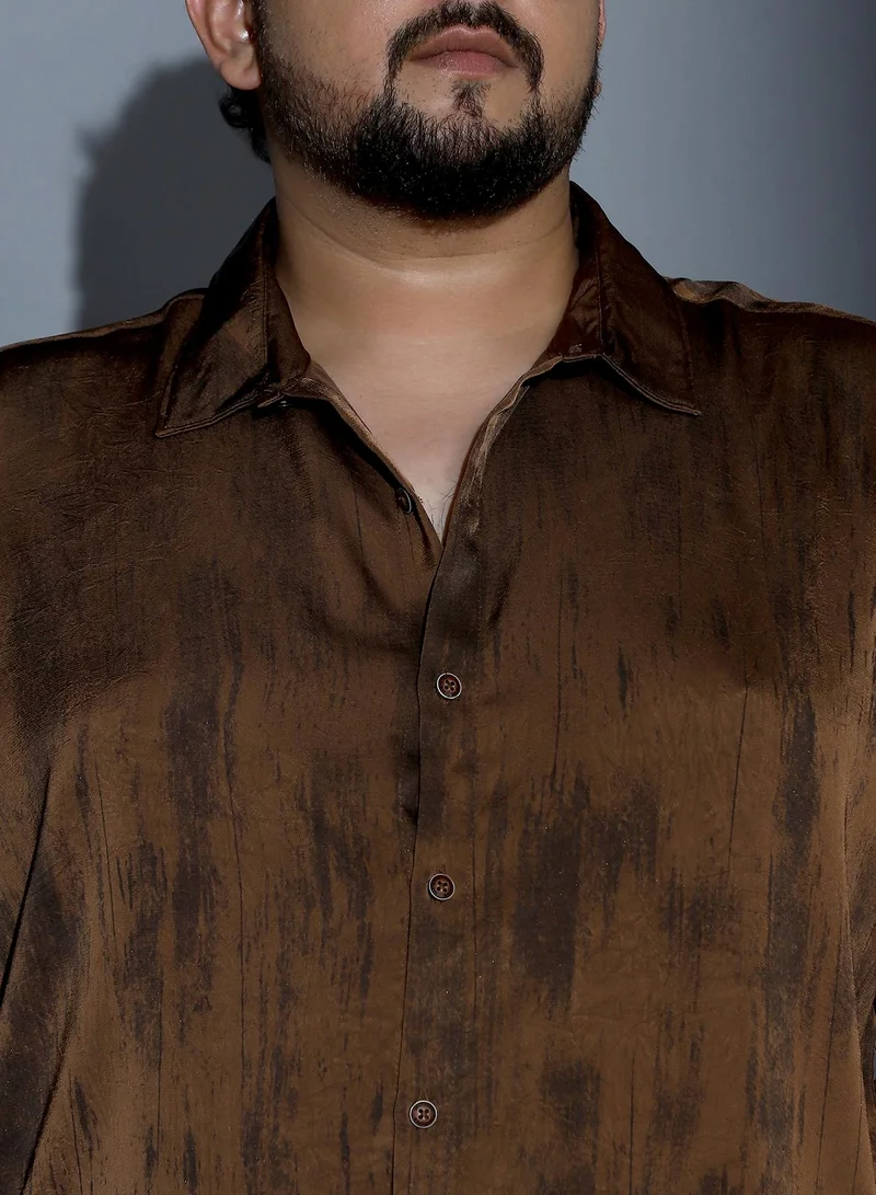 Instafab Plus  Instafab Plus Men Gleaming-Grazed Satin Shirt | Spread Collar , Long Cuffed Sleeves | Button Closure , Curved Hem | Abstract Print Plain | Woven Fabric For Party & Evening Wear | Chocolate Brown for Men | Best Price UAE