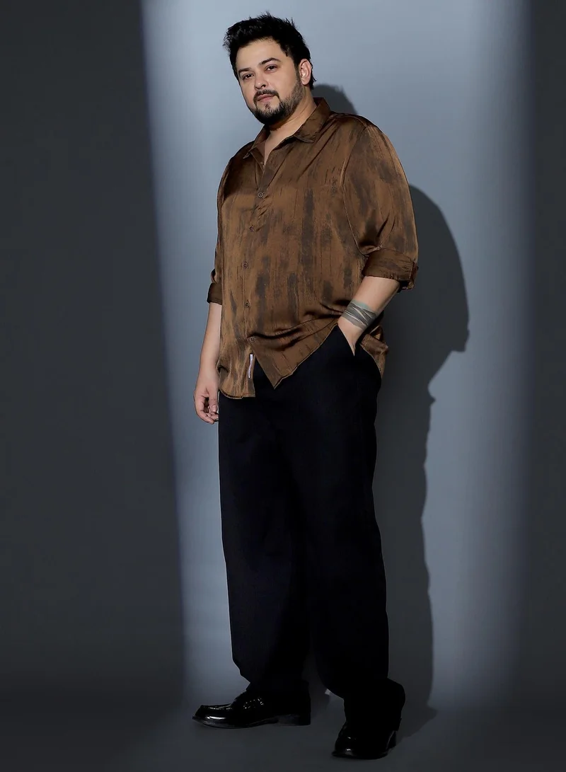 Instafab Plus  Instafab Plus Men Gleaming-Grazed Satin Shirt | Spread Collar , Long Cuffed Sleeves | Button Closure , Curved Hem | Abstract Print Plain | Woven Fabric For Party & Evening Wear | Chocolate Brown for Men | Best Price UAE