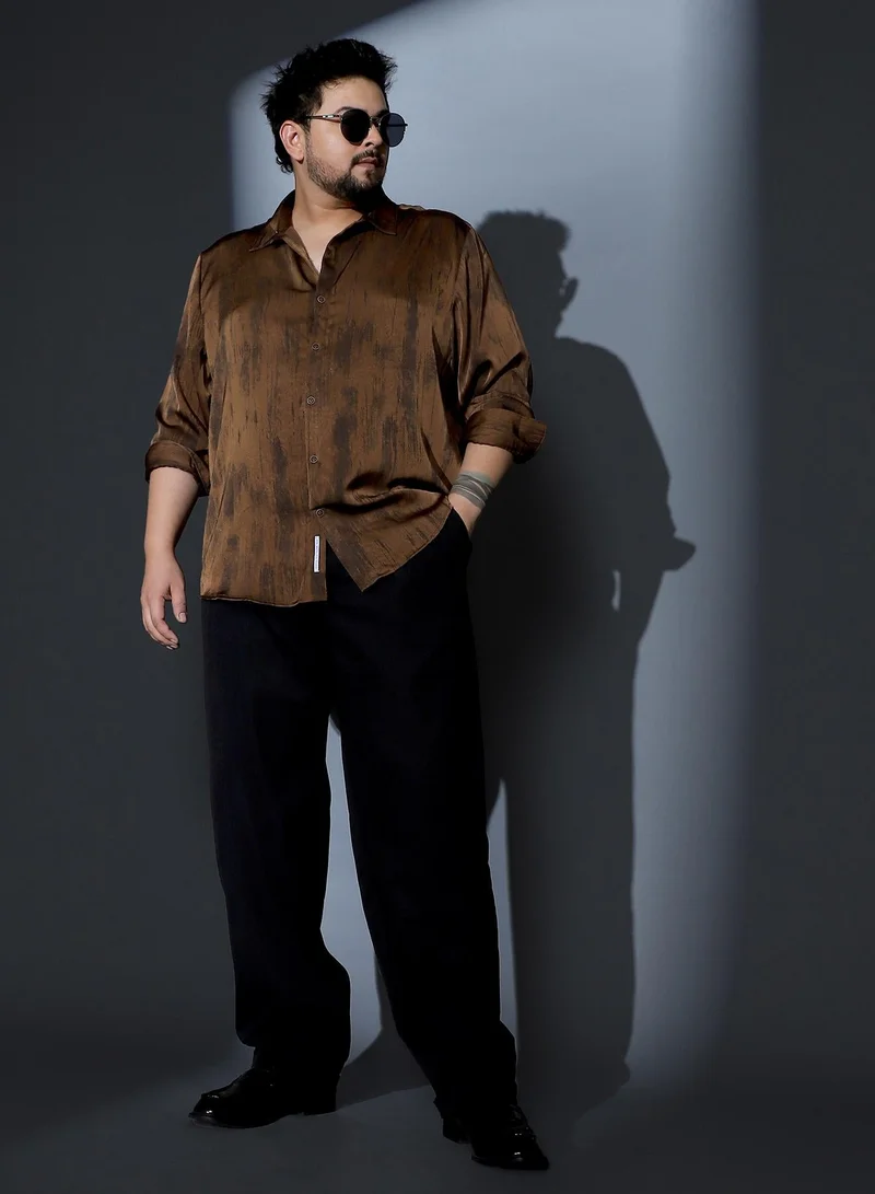 Instafab Plus  Instafab Plus Men Gleaming-Grazed Satin Shirt | Spread Collar , Long Cuffed Sleeves | Button Closure , Curved Hem | Abstract Print Plain | Woven Fabric For Party & Evening Wear | Chocolate Brown for Men | Best Price UAE