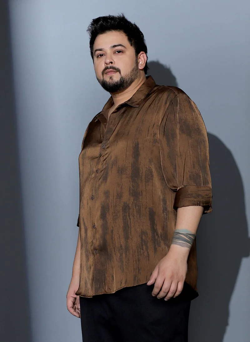 Instafab Plus  Instafab Plus Men Gleaming-Grazed Satin Shirt | Spread Collar , Long Cuffed Sleeves | Button Closure , Curved Hem | Abstract Print Plain | Woven Fabric For Party & Evening Wear | Chocolate Brown for Men | Best Price UAE