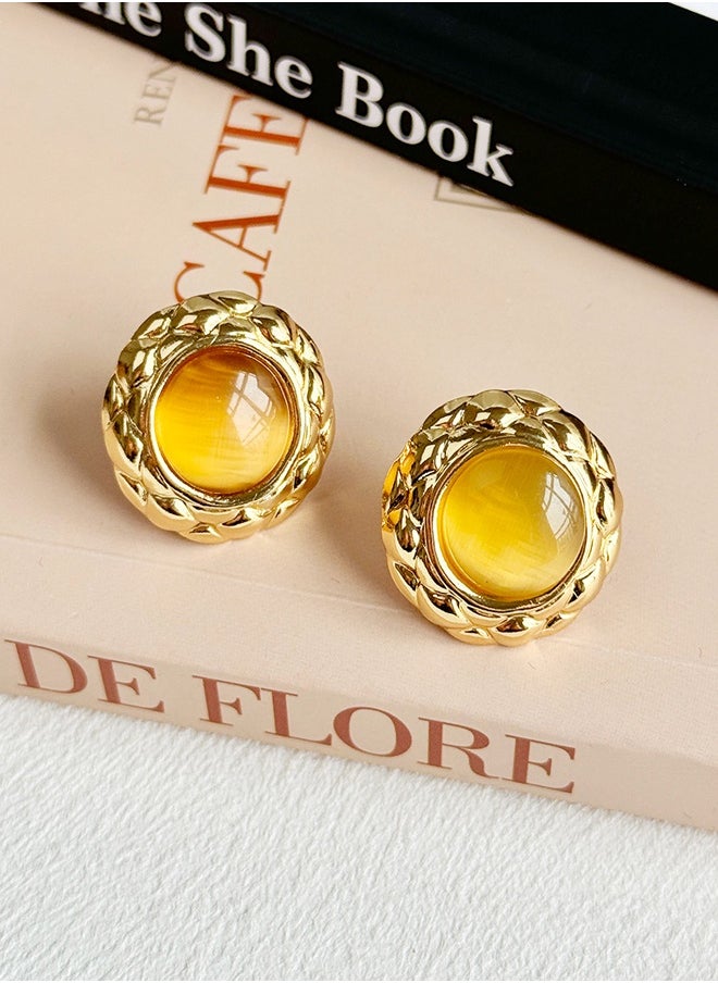 Generic Elegant Cat Eye Stone Stud Earrings in Gold Alloy for Girls – Hypnotic Sparkle Earrings for Women & Teens  - Image 1