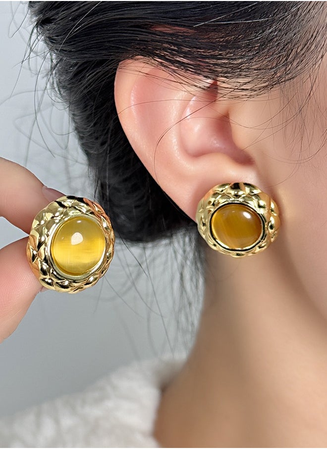 Generic Elegant Cat Eye Stone Stud Earrings in Gold Alloy for Girls – Hypnotic Sparkle Earrings for Women & Teens  - Image 2