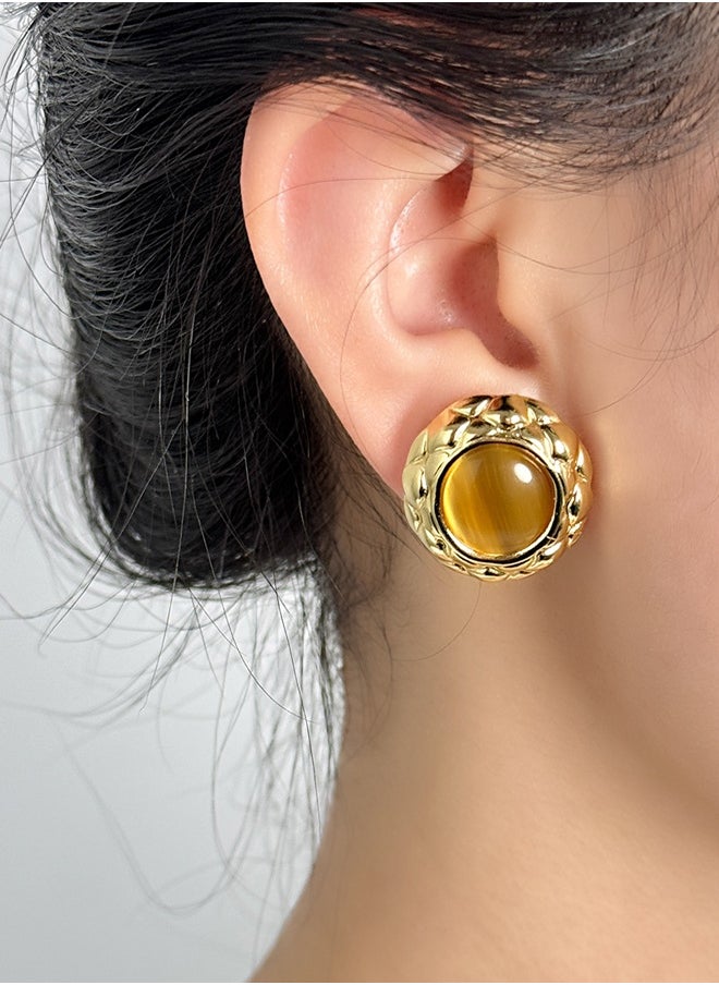 Generic Elegant Cat Eye Stone Stud Earrings in Gold Alloy for Girls – Hypnotic Sparkle Earrings for Women & Teens  - Image 3