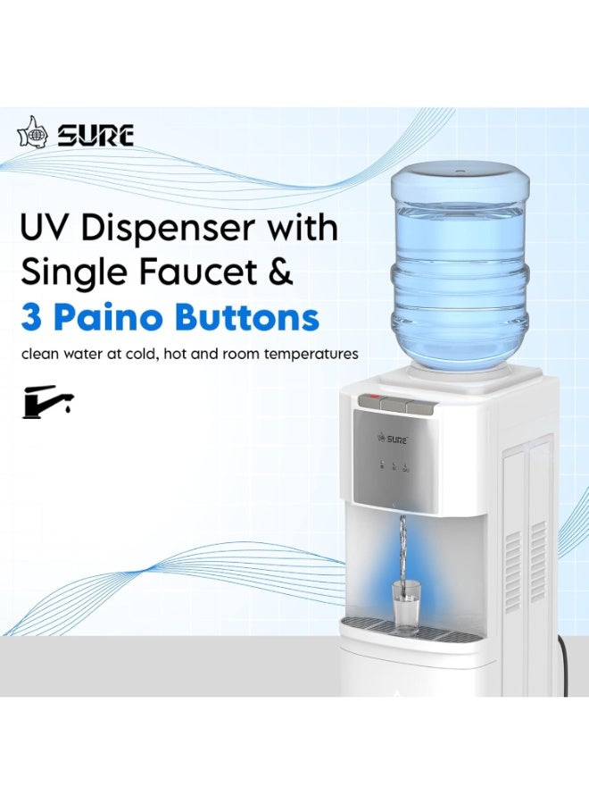 SURE 22L Top Load Water Dispenser – Instant Hot/Cold/Room Temperature Water, 3-Tap Design, Stainless Steel Reservoir, 2210W Power, Suitable for Home and Office, White – SCUV2210WS SCUV2210WS White - Image 3