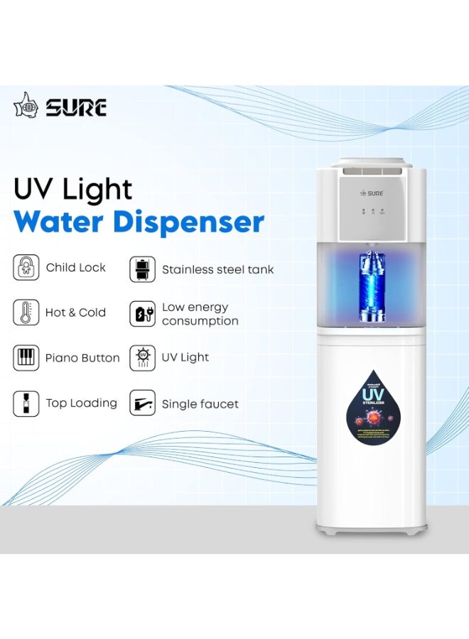 SURE 22L Top Load Water Dispenser – Instant Hot/Cold/Room Temperature Water, 3-Tap Design, Stainless Steel Reservoir, 2210W Power, Suitable for Home and Office, White – SCUV2210WS SCUV2210WS White - Image 2