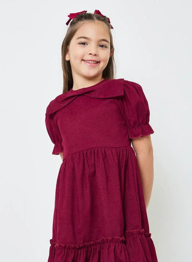 ستايلي Girls Solid Puff Sleeves Dress with Bow Detail