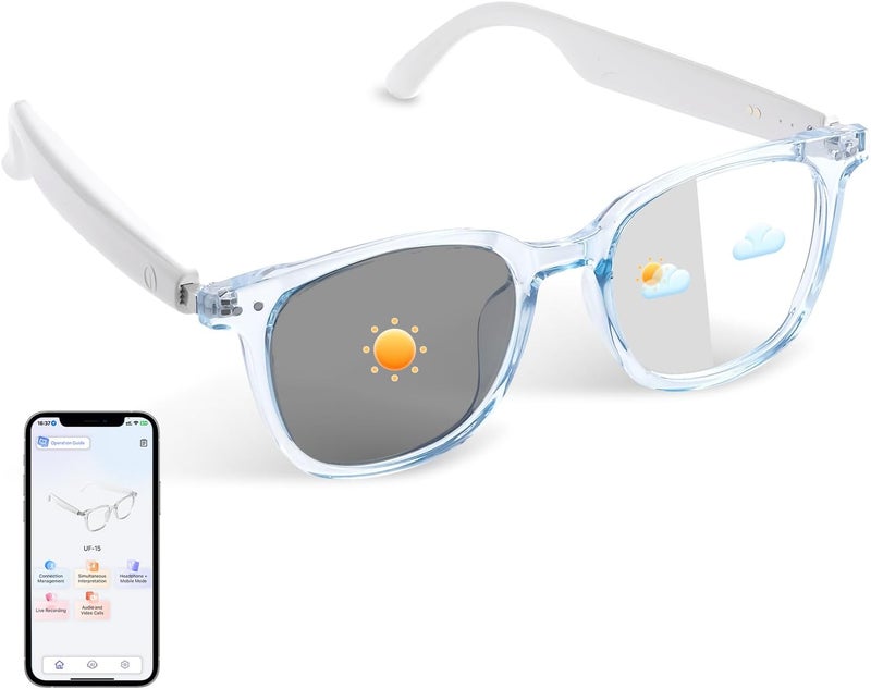 Tulbeys Bluetooth Smart Glasses for Women, AI Translation Glasses Supports 160+ Languages, Build in Mic Speakers, Color Change Lenses Transparent Frame with Polarized UV Protection for Travel Business-Blue - Image 1