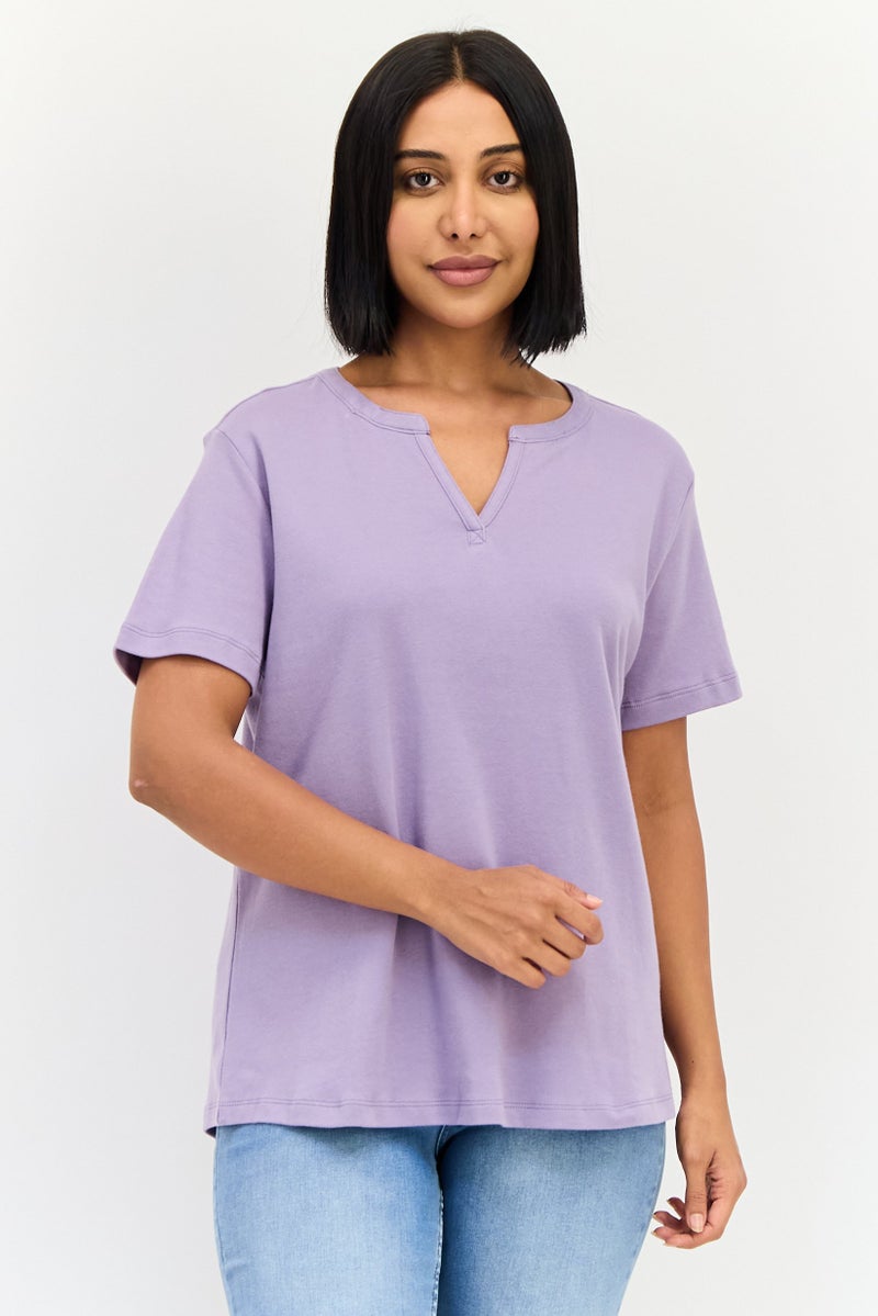 Eddie Bauer Women Split Neck Short Sleeve Solid T-shirt, Light Purple - Image 1