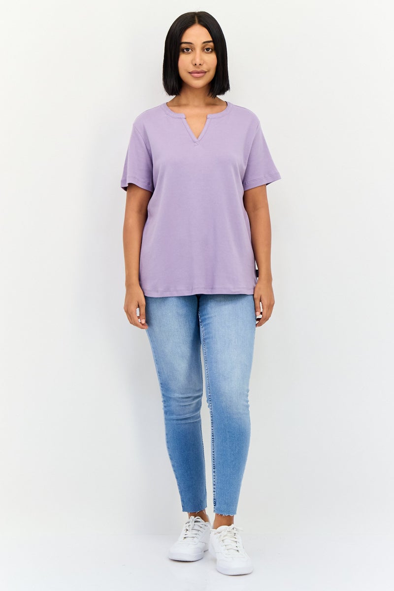 Eddie Bauer Women Split Neck Short Sleeve Solid T-shirt, Light Purple - Image 4