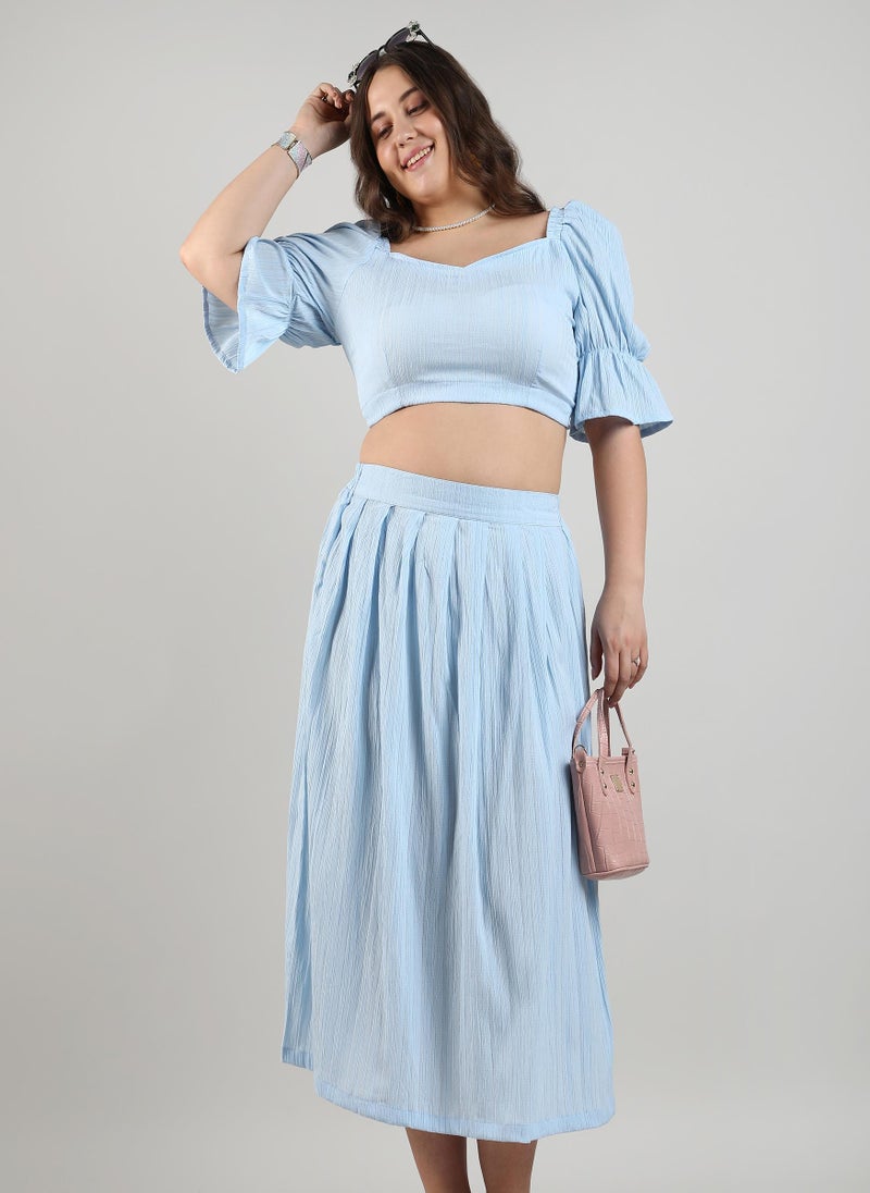 Instafab Plus Instafab Plus Women's Light Blue Cropped Co-Ord Set For Casual Wear | Puff Sleeve | Polyester Blend Fabric | Sweetheart Neck Clothing Set Crafted With Comfort Fit For Everyday Wear  - Image 1