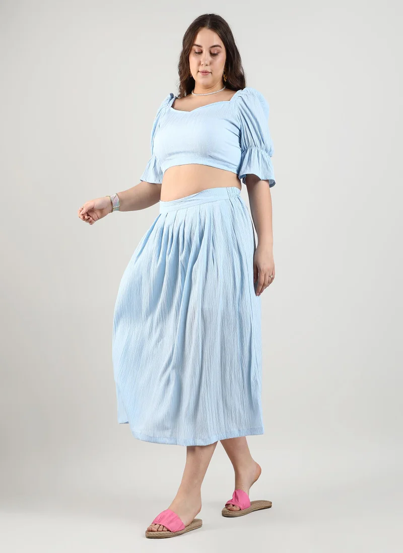 Instafab Plus Instafab Plus Women's Light Blue Cropped Co-Ord Set For Casual Wear | Puff Sleeve | Polyester Blend Fabric | Sweetheart Neck Clothing Set Crafted With Comfort Fit For Everyday Wear