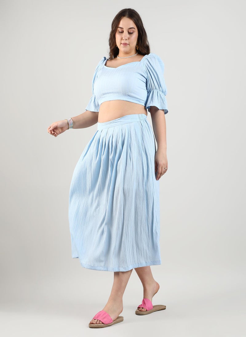 Instafab Plus Instafab Plus Women's Light Blue Cropped Co-Ord Set For Casual Wear | Puff Sleeve | Polyester Blend Fabric | Sweetheart Neck Clothing Set Crafted With Comfort Fit For Everyday Wear  - Image 3