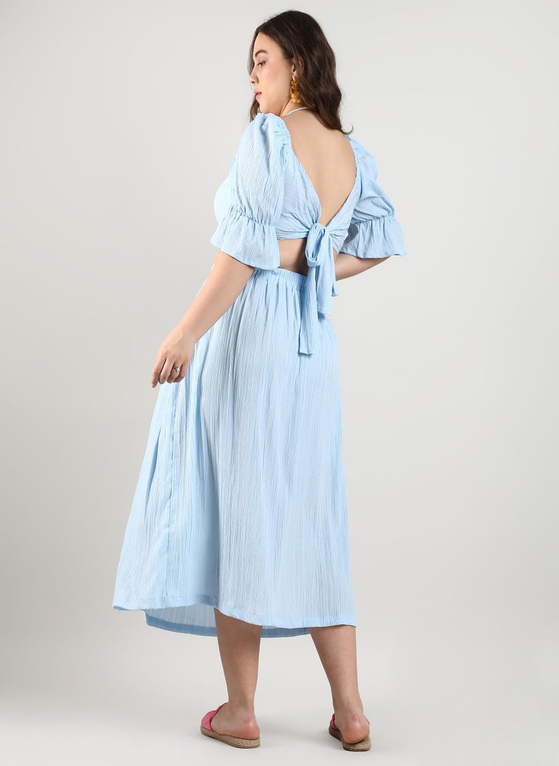 Instafab Plus Instafab Plus Women's Light Blue Cropped Co-Ord Set For Casual Wear | Puff Sleeve | Polyester Blend Fabric | Sweetheart Neck Clothing Set Crafted With Comfort Fit For Everyday Wear  - Image 4