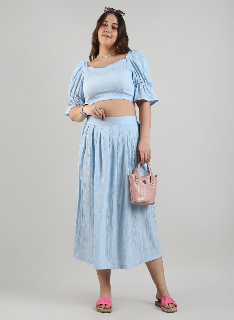 Instafab Plus Instafab Plus Women's Light Blue Cropped Co-Ord Set For Casual Wear | Puff Sleeve | Polyester Blend Fabric | Sweetheart Neck Clothing Set Crafted With Comfort Fit For Everyday Wear  - Image 5