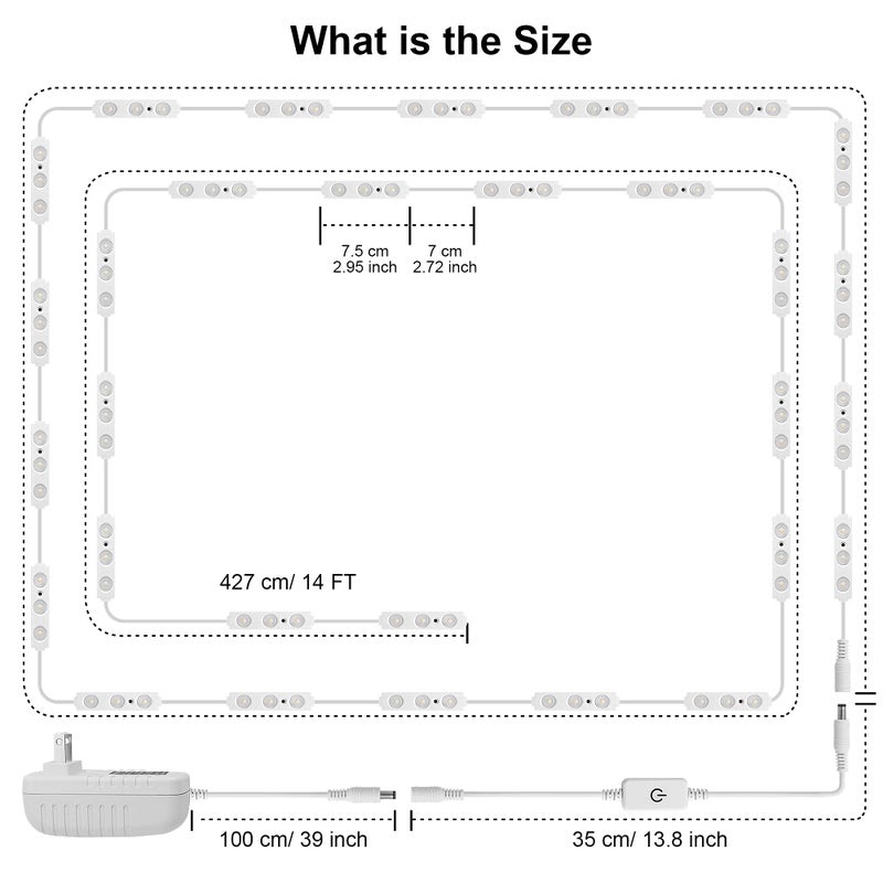 LPHUMEX مجموعة أضواء الزينة LED هوليوود من LPHUMEX، 14 قدم، أضواء مرآة قابلة للتعتيم، إضاءة كاملة للجسم والحمام، ضوء أرضي موصول بمصدر الطاقة (المرآة غير مشمولة) - Image 5