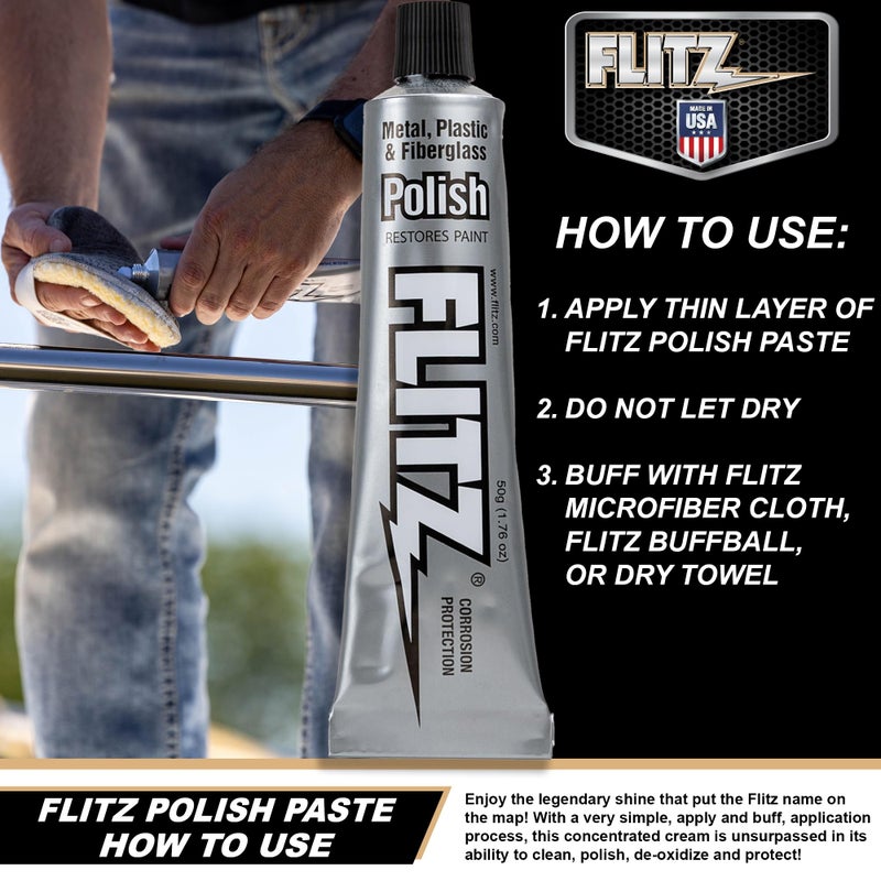 Flitz Metal Polish and Cleaner Paste  Also Works on Plastic  Fiberglass  Aluminum  Jewelry  Sterling Silver - Headlight Restoration and Rust Remover - Made in the USA - 1.76 OZ - Image 3