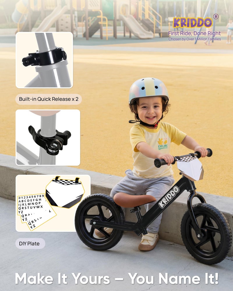 KRIDDO Toddler Balance Bike 2 Year Old,12 Inch Push Bicycle with Customize Plate (3 Sets of Stickers Included), Steady Balancing, Gift Bike for 2-5 Boys Girls, Black - Image 4