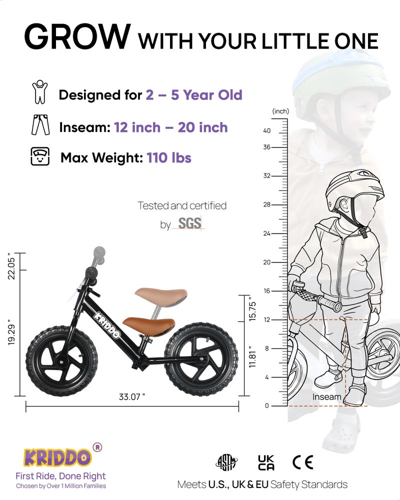 KRIDDO Toddler Balance Bike 2 Year Old,12 Inch Push Bicycle with Customize Plate (3 Sets of Stickers Included), Steady Balancing, Gift Bike for 2-5 Boys Girls, Black - Image 3