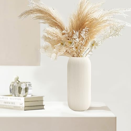 RIKBVOM Ceramic Vase for Flowers – Modern Small Ribbed Textured Flower Vase for Home Decor, Pampas Grass, Decorative, Farmhouse, Coffee Table, Kitchen Centerpieces, Bookshelf and Home Living (XL White) - Image 3