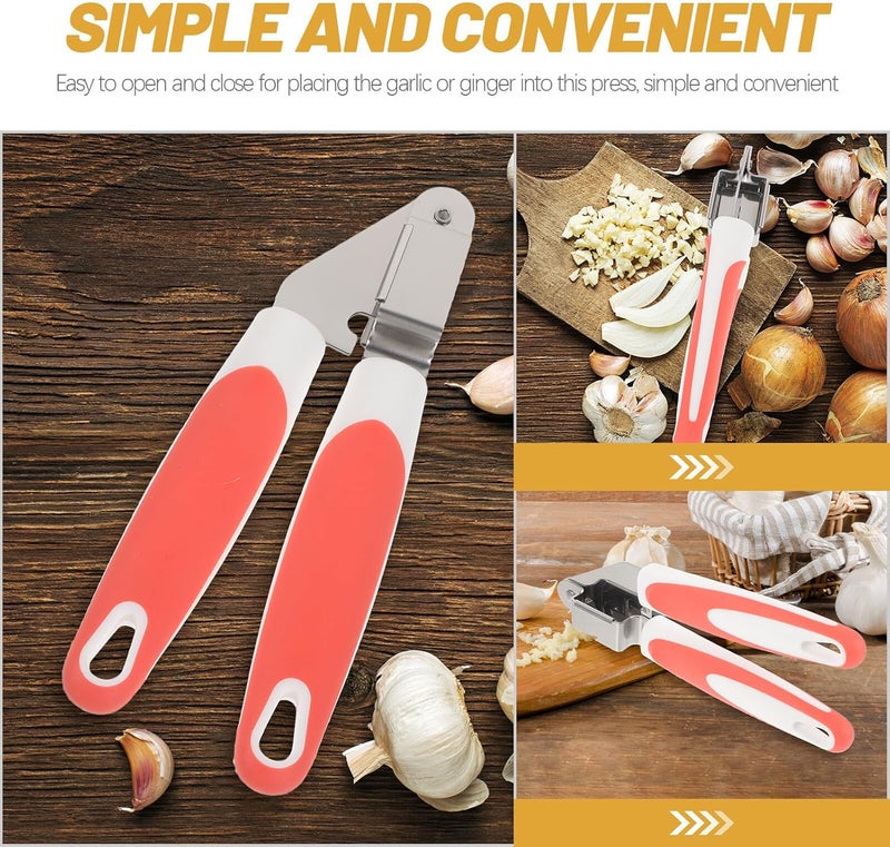 Manual Stainless Steel Garlic Press Crusher, Handheld Non-slip Garlic Mincer for Kitchen Use with Red Handle, Home Cooking Ginger Masher Tool - Image 3